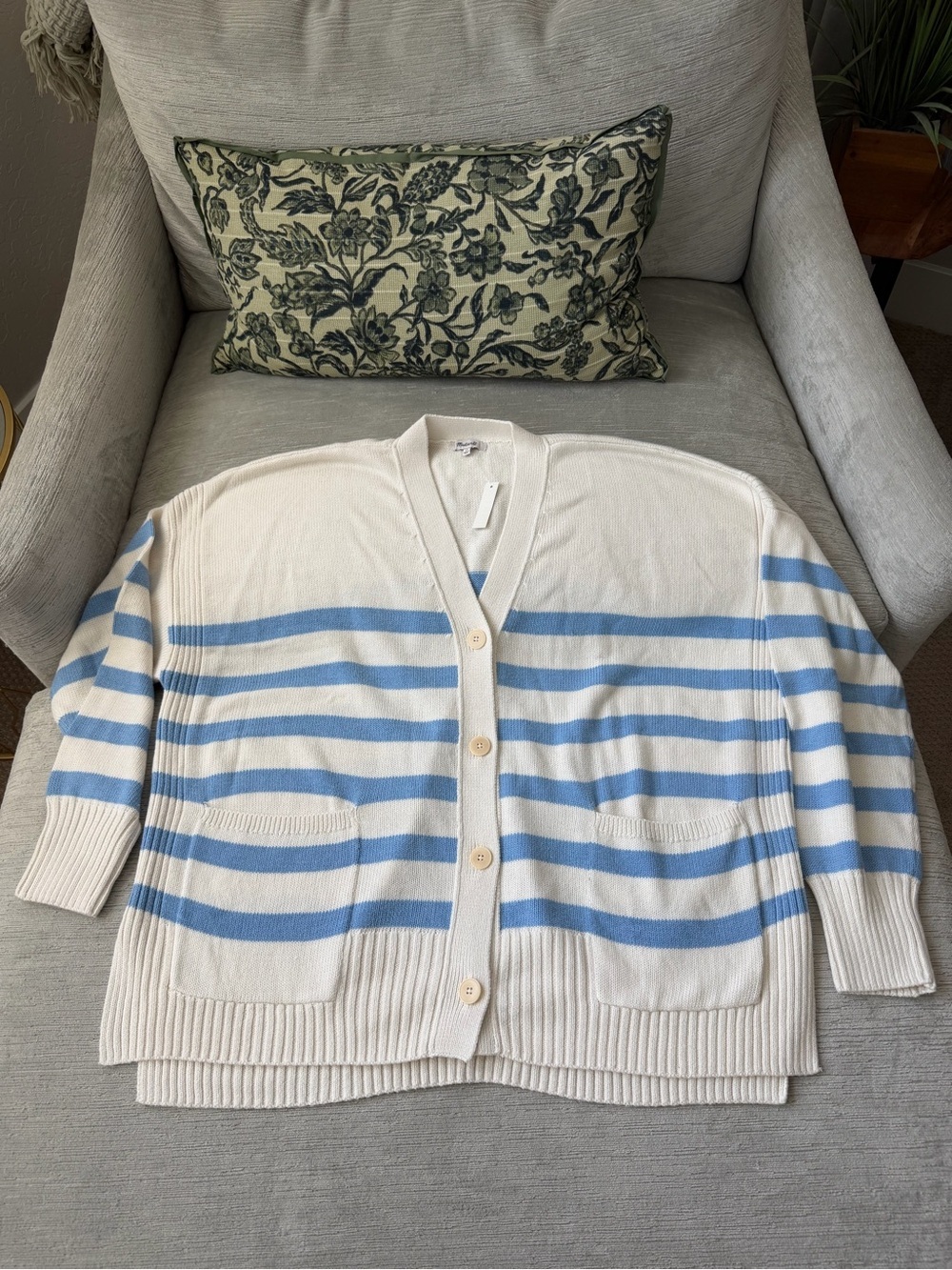 Madewell Striped Cardigan Sweater 2X Coastal Blue White NWT